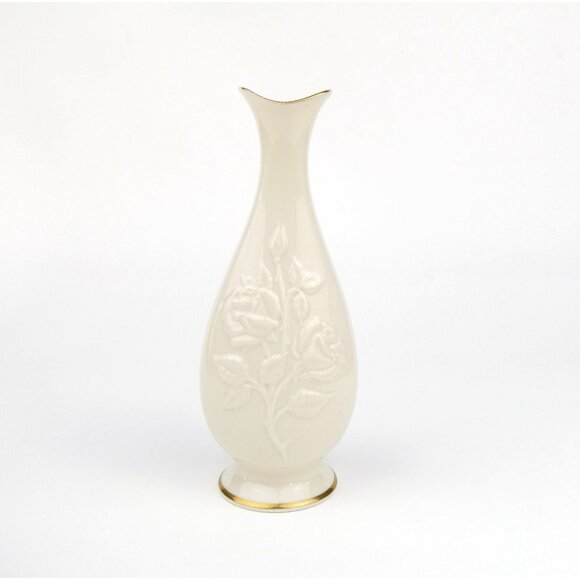 Lenox Hand Decorated 24K Gold Trim Vase W/ Embossed Rose Design Ivory Porcelain - Picture 1 of 6
